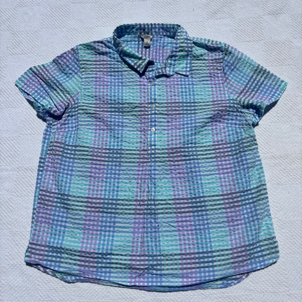 Women's Large LL BEAN Vacationland Seersucker Short-Sleeve Popover Plaid Shirt